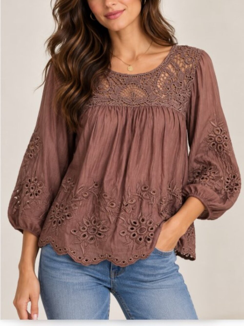 Hazel Brown Embroidered Cotton Silk Boho Peasant Blouse Size S Like New